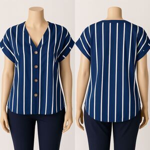 Shein Women’s Navy Blue & White Striped Button-Up Blouse Size Small